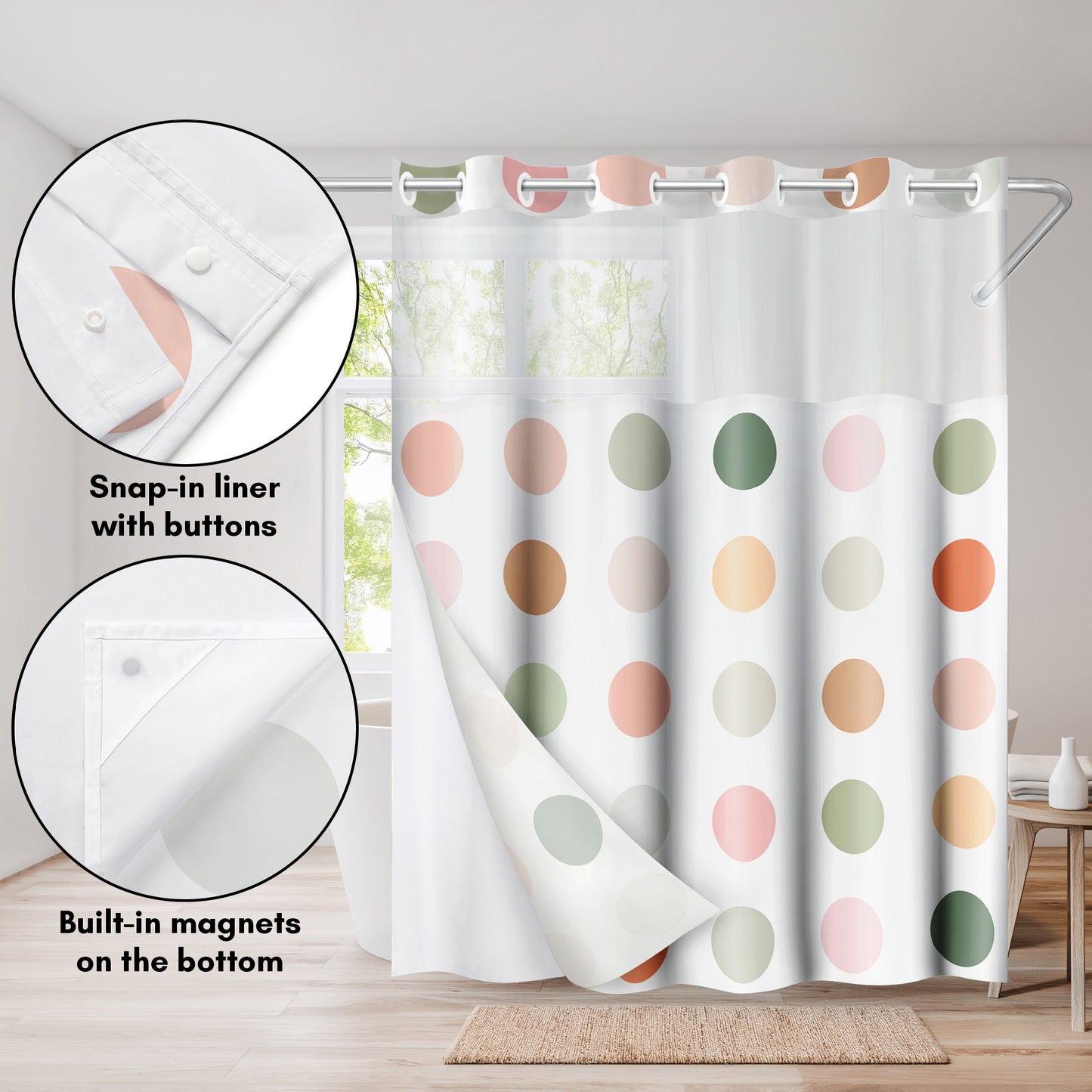 Americanflat 72x75 Hookless Shower Curtain - Water-Resistant Abstract Shower Curtain with Sheer Panel, Snap-In Liner, and Grommets