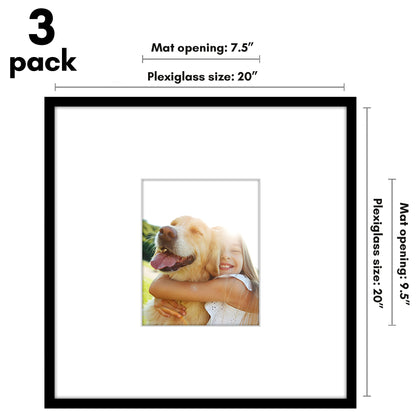 Americanflat 20x20 Poster Frame - Set of 3 - Use as 8x10 Frame with Mat or 20x20 Frame Without Mat - Black