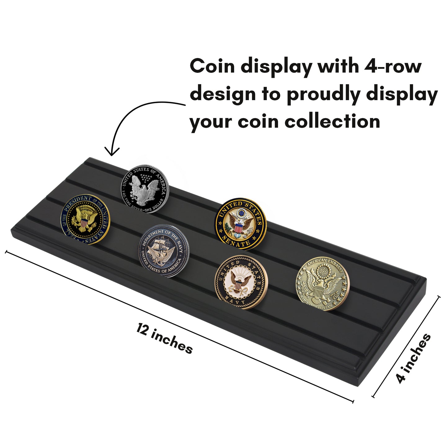 Americanflat Challenge Coin Display with 4 Rows - Military Coin Display Case - Collectible Coin Holder, 12” x 4” Solid Wood