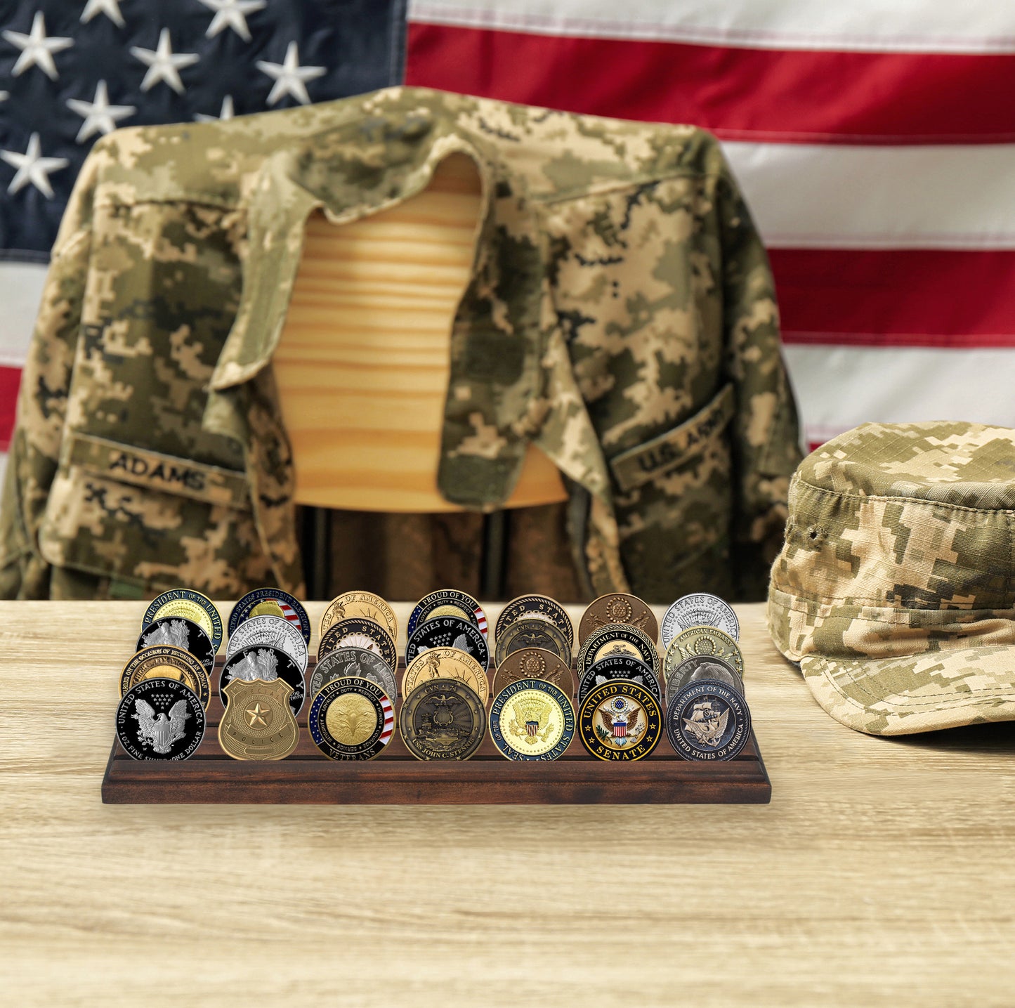 Americanflat Challenge Coin Display with 4 Rows - Military Coin Display Case - Collectible Coin Holder, 12” x 4” Solid Wood