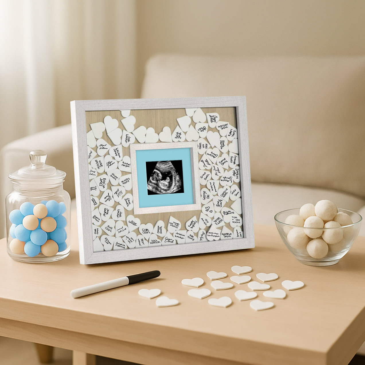 Americanflat 12x16 Baby Shower Guest Book with Pink and Blue Mats | Includes 80 Heart Tokens | White