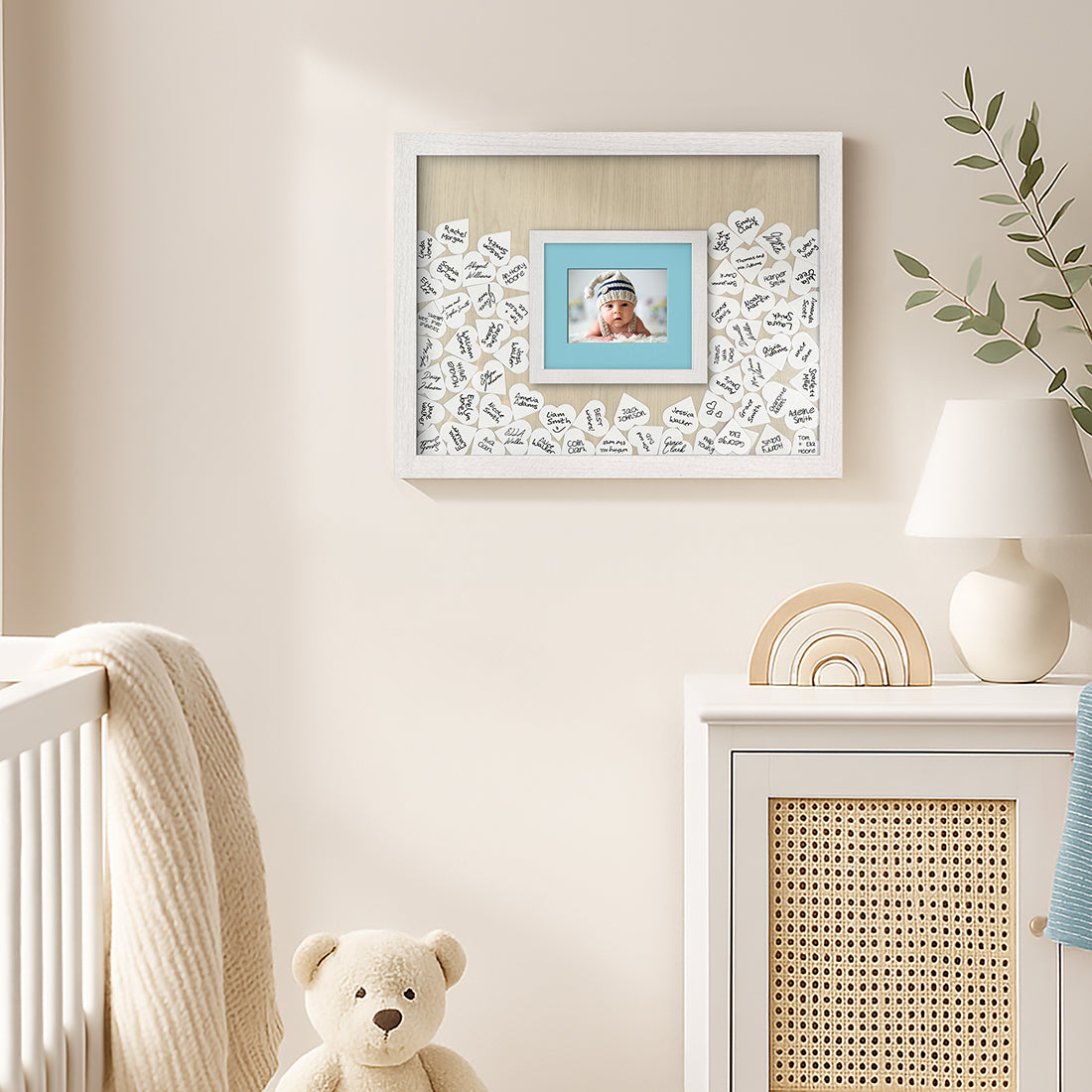 Americanflat 12x16 Baby Shower Guest Book with Pink and Blue Mats | Includes 80 Heart Tokens | White