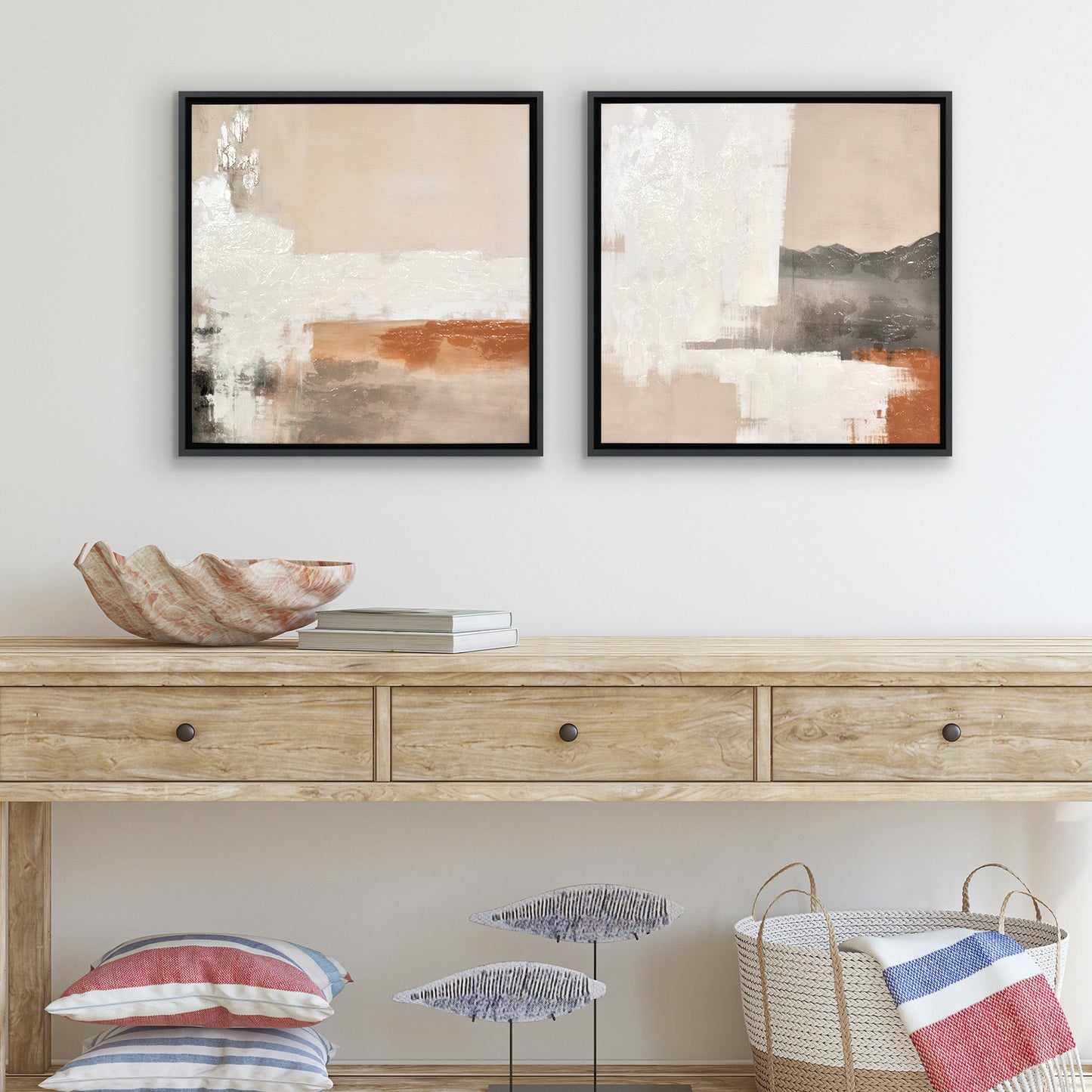 Abstract Earth Tones Framed Canvas Wall Art with Hand-Painted Accents - Set of 2