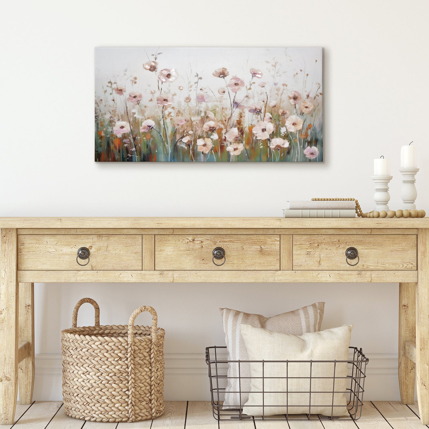 Americanflat Floral Canvas Wall Art with Hand-Painted Accents - Framed Canvas Wall Art - Pink Meadow of Tranquility