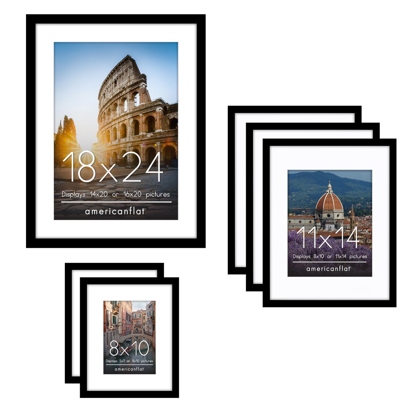 Americanflat | Black Picture Frame Gallery Set | Shatter-Resistant Glass | White Mats - 6 & 9 Pack - Multi-Size