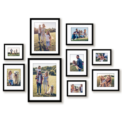 Americanflat | Black Picture Frame Gallery Set | Shatter-Resistant Glass | White Mats - 6 & 9 Pack - Multi-Size