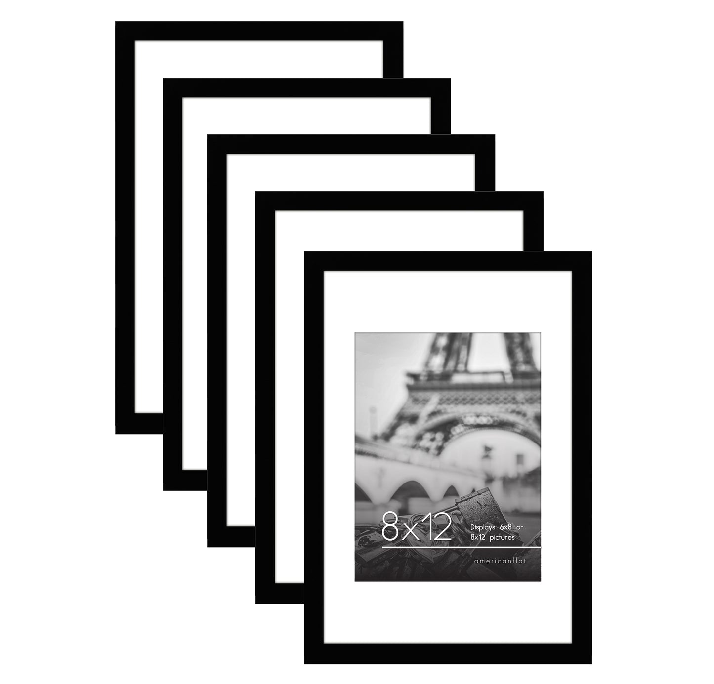 Americanflat | 8x12 | Picture Frame with Polished Plexiglass | Set of 5 | Use as 6x8 Frame with Mat or Display 8x12 Photo Without Mat | Galleria Collection | Picture Frames for Wall Display | Black
