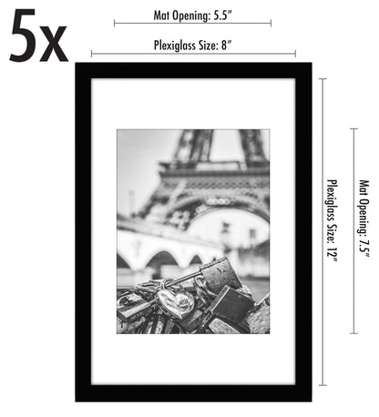 Americanflat | 8x12 | Picture Frame with Polished Plexiglass | Set of 5 | Use as 6x8 Frame with Mat or Display 8x12 Photo Without Mat | Galleria Collection | Picture Frames for Wall Display | Black