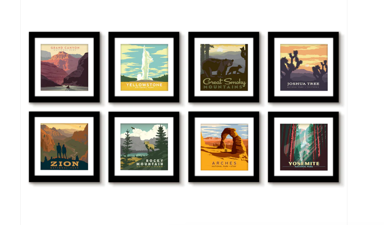 Retro National Parks - 8 Piece Gallery Framed Print Art Set