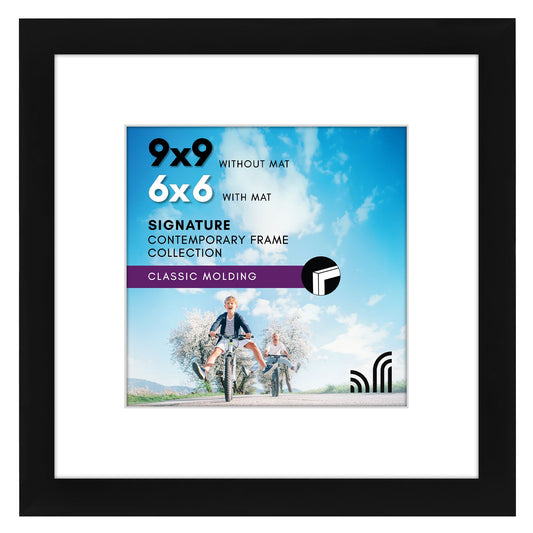 Americanflat 9x9 Picture Frame with Shatter-Resistant Glass - Use as 6x6 Frame with Mat or Display 9x9 Photo Without Mat - Signature Collection - Square Frames for Tabletop and Wall Display - Black