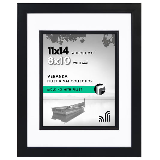 Americanflat 11x14 Picture Frame with Decorative Inner Mat Accent - Displays 8x10 Photos with Mat or 11x14 Without - Veranda Collection - Black Statement Frame with Shatter-Resistant Glass