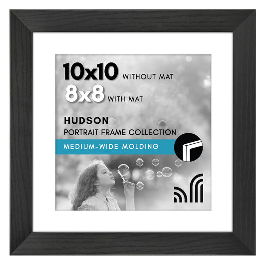 Americanflat 10x10 Picture Frame with Shatter-Resistant Glass - Use as 8x8 Frame with Mat or Display 10x10 Photo Without Mat - Hudson Collection - Wide Square Frames for Tabletop and Wall - Black