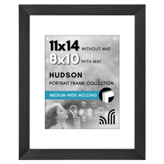 Americanflat 11x14 Picture Frame with Shatter-Resistant Glass - Use as 8x10 Frame with Mat or Display 11x14 Photo Without Mat - Hudson Collection - Wide Picture Frames for Wall Display - Black