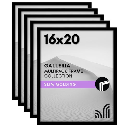 Americanflat 16x20 Picture Frame with Polished Plexiglass - Set of 5 - Galleria Collection - Picture Frames for Wall Display - Black