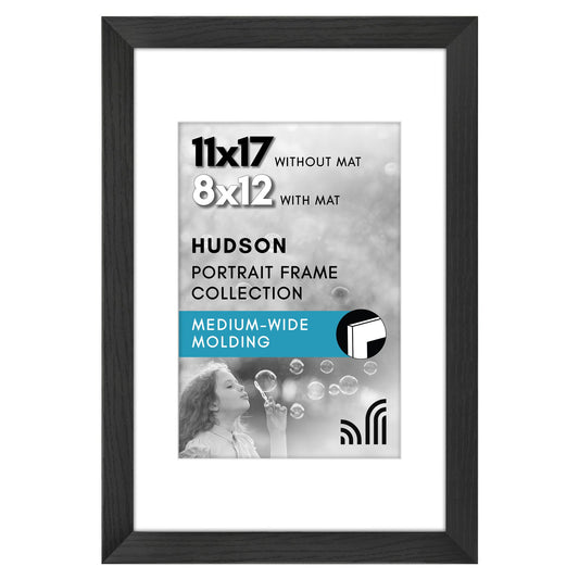 Americanflat 11x17 Picture Frame with Shatter-Resistant Glass - Use as 8x12 Frame with Mat or Display 11x17 Photo Without Mat - Hudson Collection - Wide Picture Frames for Wall Display - Black