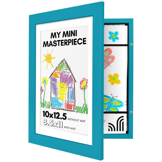Americanflat 10x12.5 Kids Art Frame - Front Loading Picture Frames Hold 100 Artworks - Use as 8.5x11 Frame with Mat or Display 10x12.5 Artwork Without Mat - My Mini Masterpiece - Aquamarine