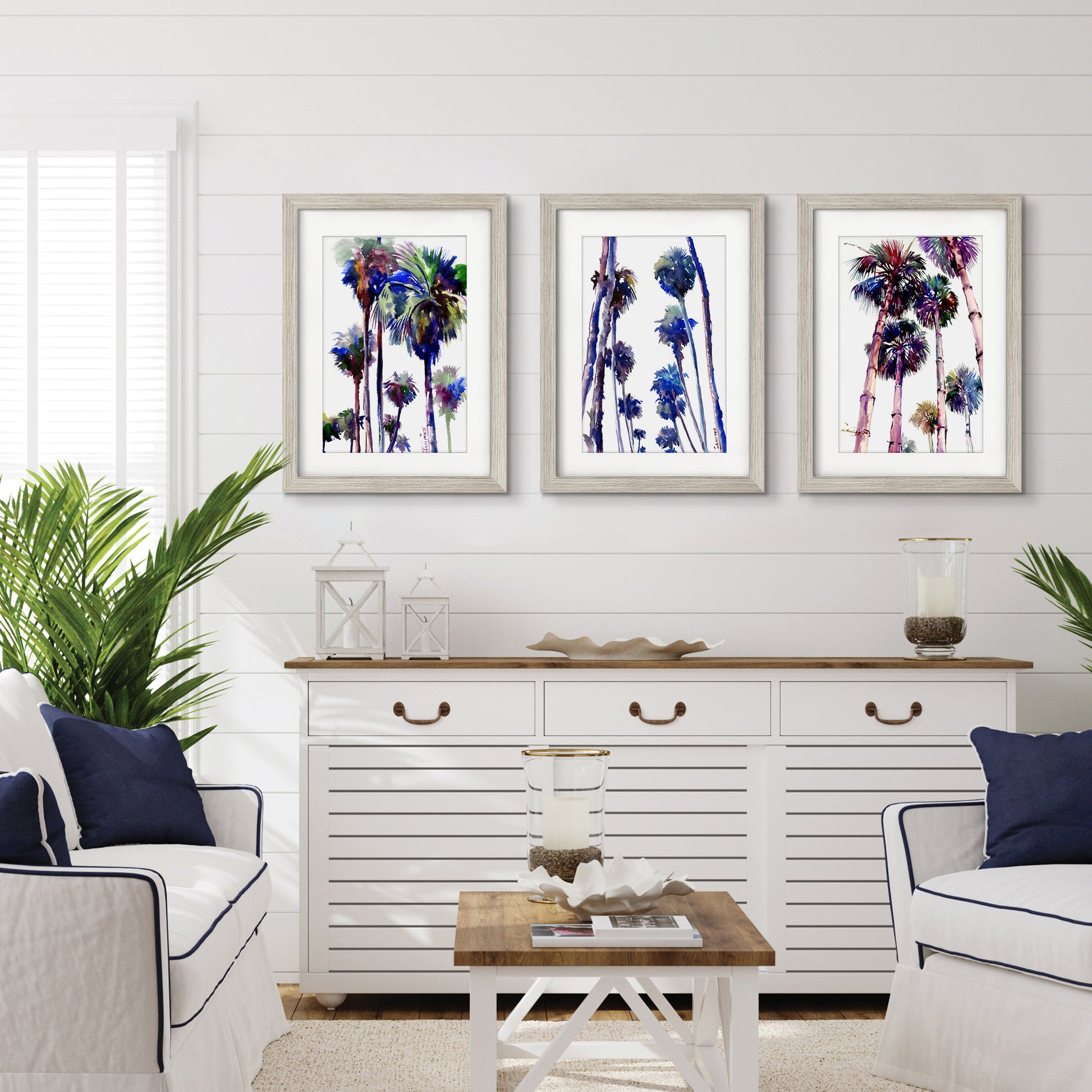 Purple Palms by Suren Nersisyan - 3 Piece Gallery Framed Print Art Set