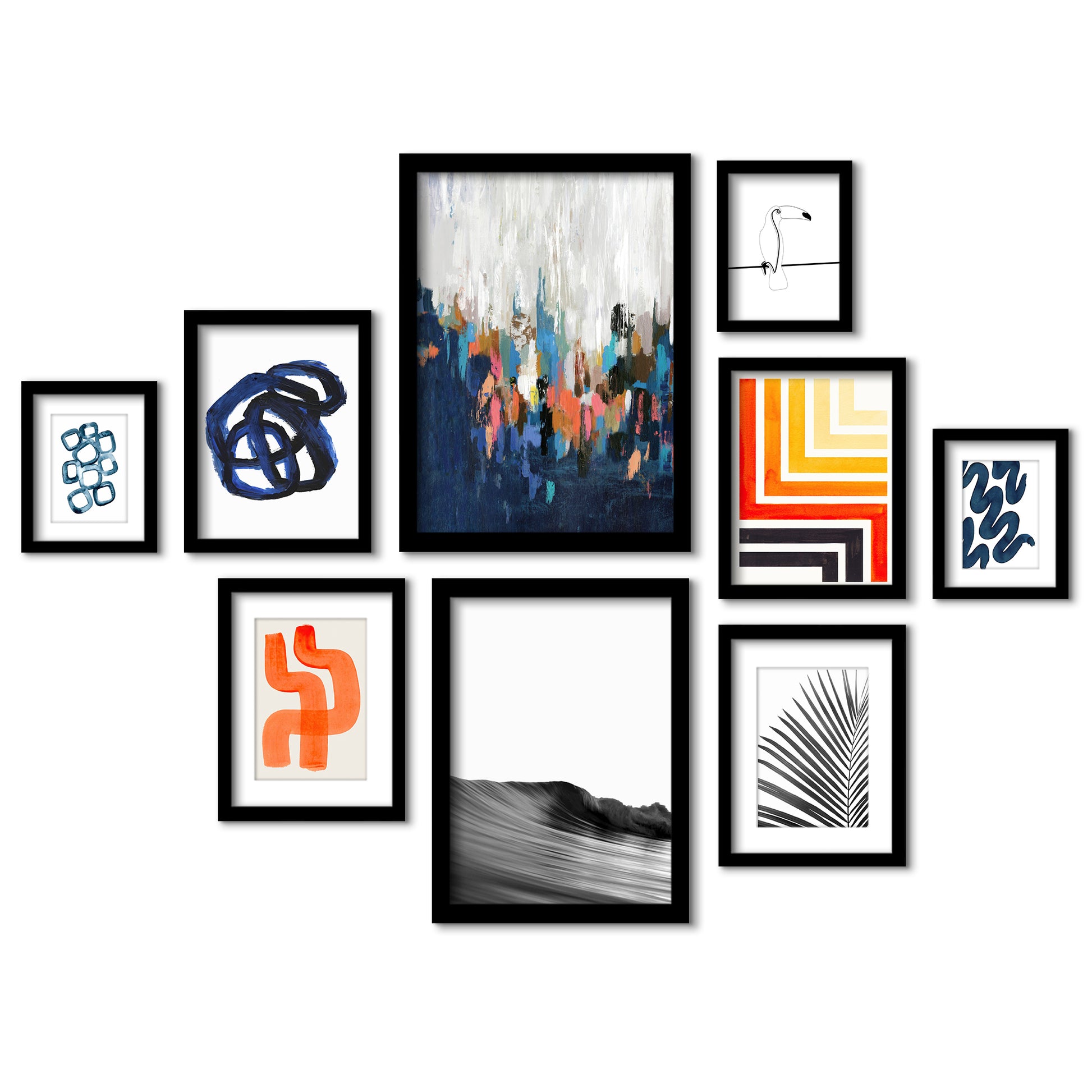 Mid Century Modern Brush Strokes - 9 Piece Framed Gallery Wall Art Set - Art Set - Americanflat