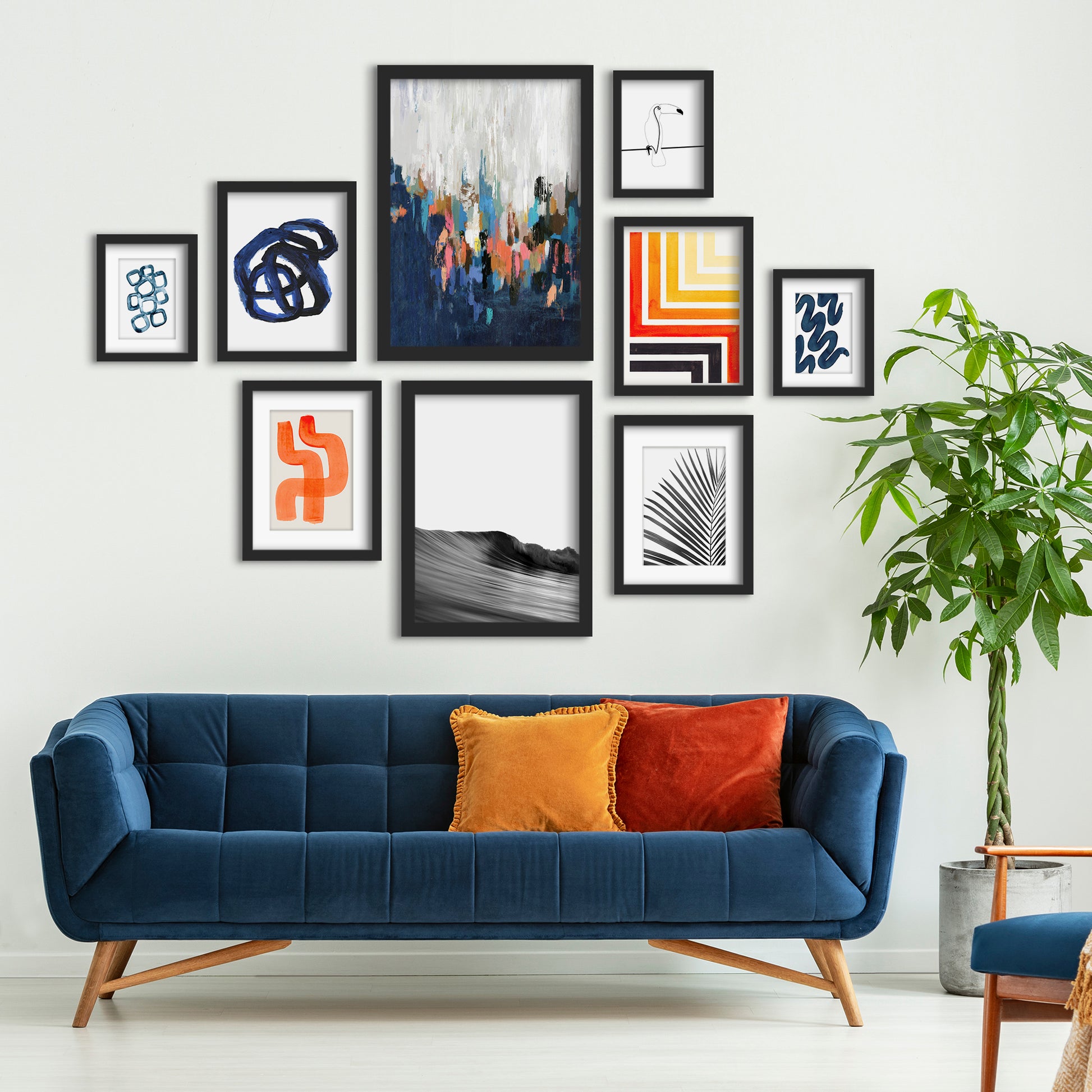 Mid Century Modern Brush Strokes - 9 Piece Framed Gallery Wall Art Set - Art Set - Americanflat