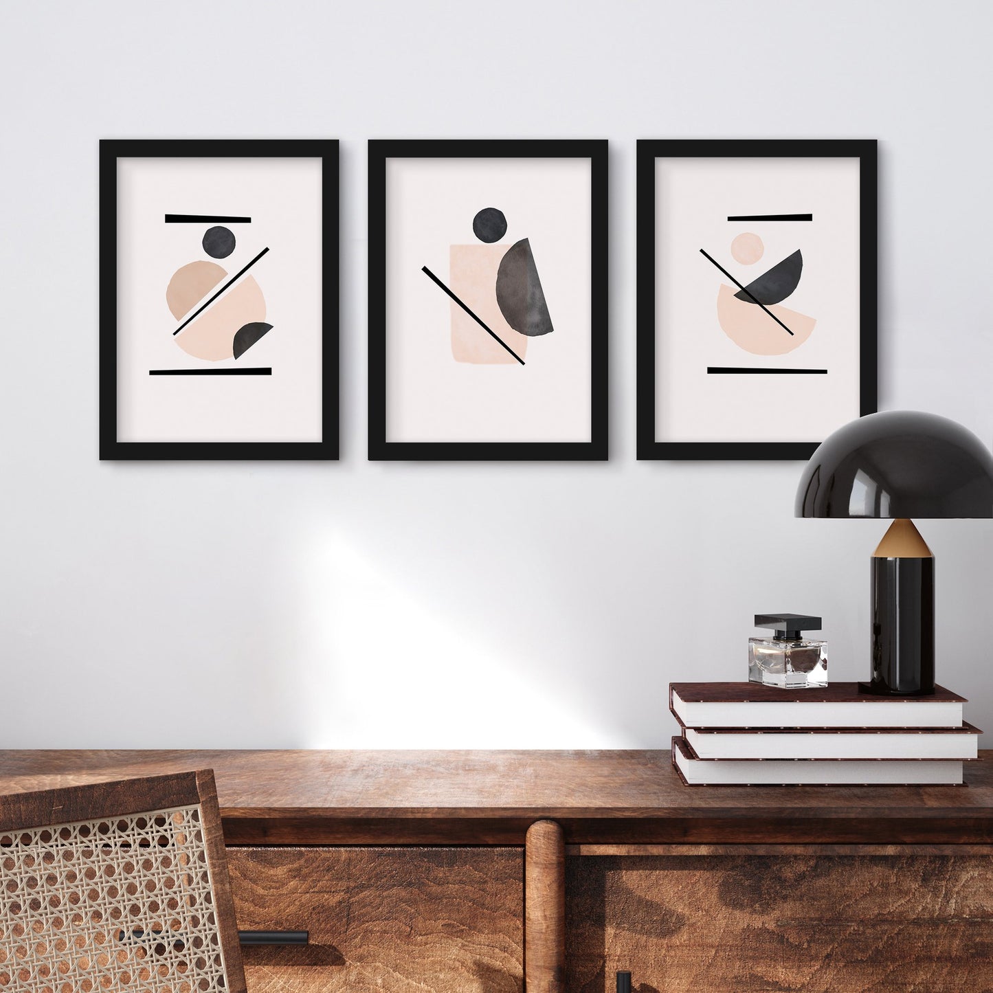 Blush and Black Shapes by tanya Shumkina - 3 Piece Gallery Framed Print Art Set - Americanflat