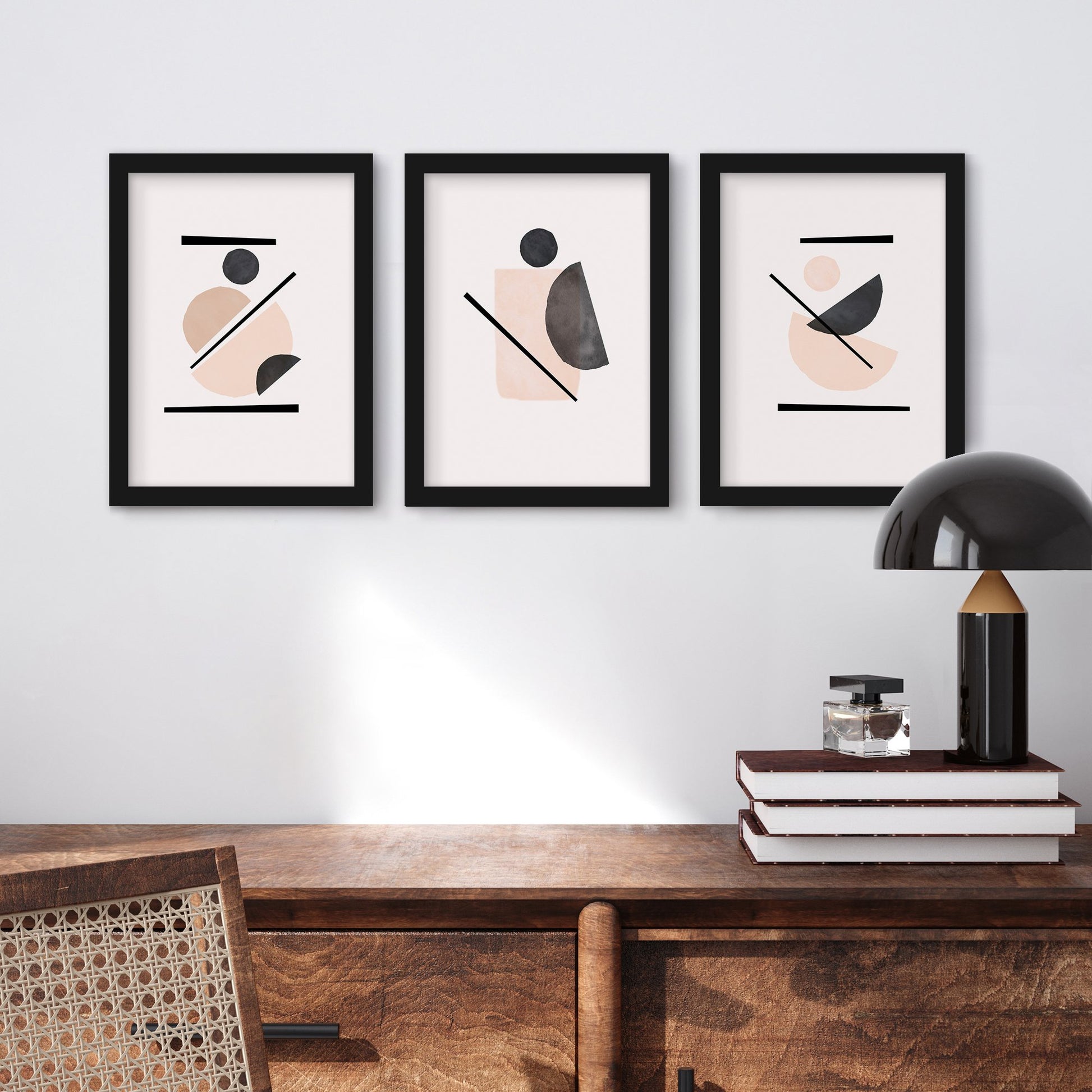 Blush and Black Shapes by tanya Shumkina - 3 Piece Gallery Framed Print Art Set - Americanflat