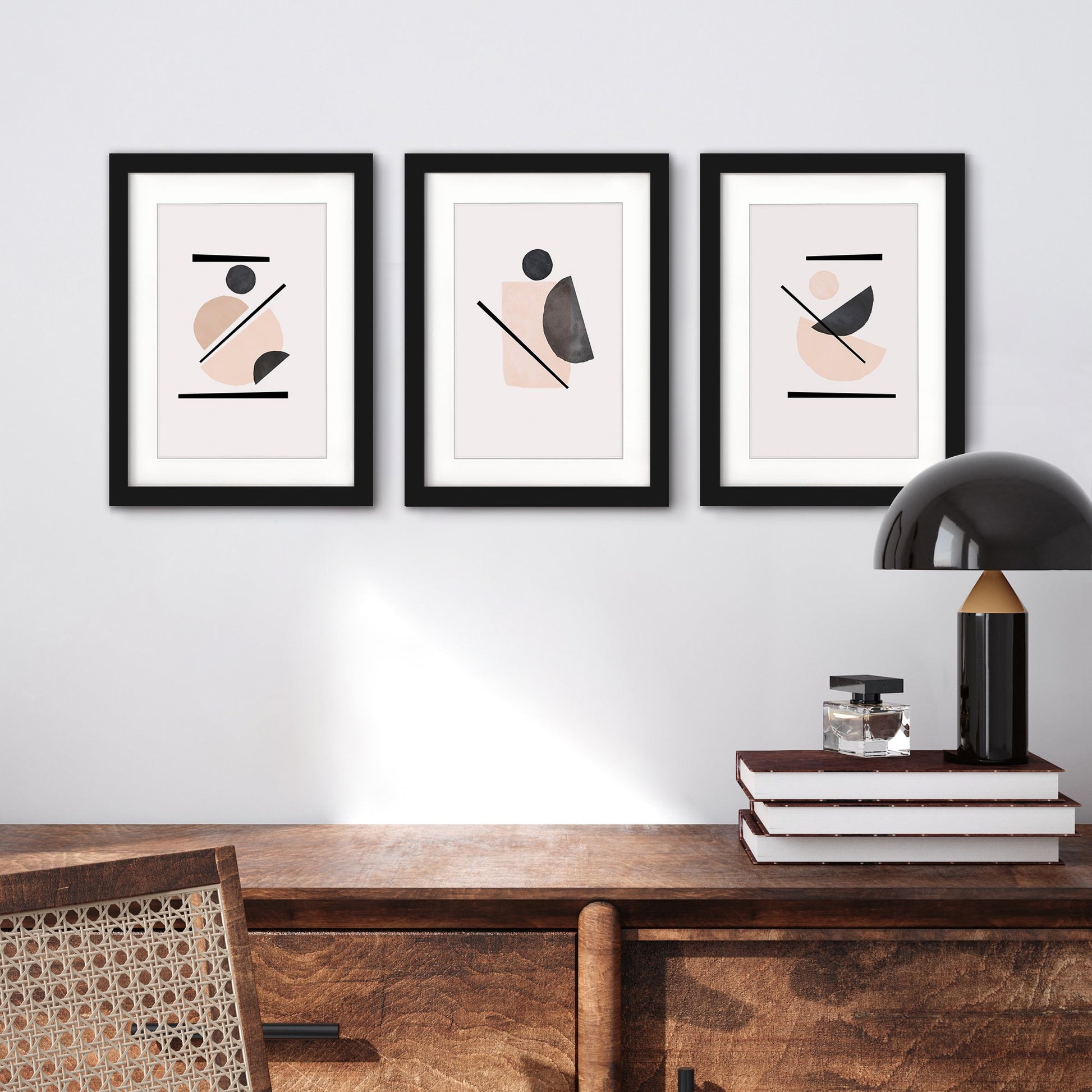 Blush and Black Shapes by tanya Shumkina - 3 Piece Gallery Framed Print Art Set - Americanflat
