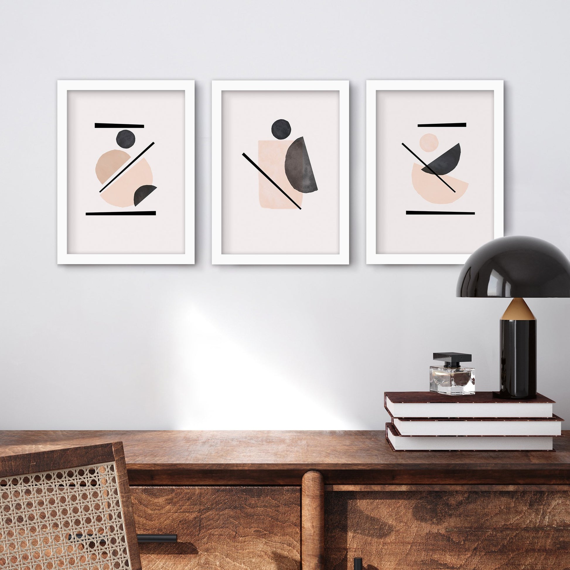 Blush and Black Shapes by tanya Shumkina - 3 Piece Gallery Framed Print Art Set - Americanflat