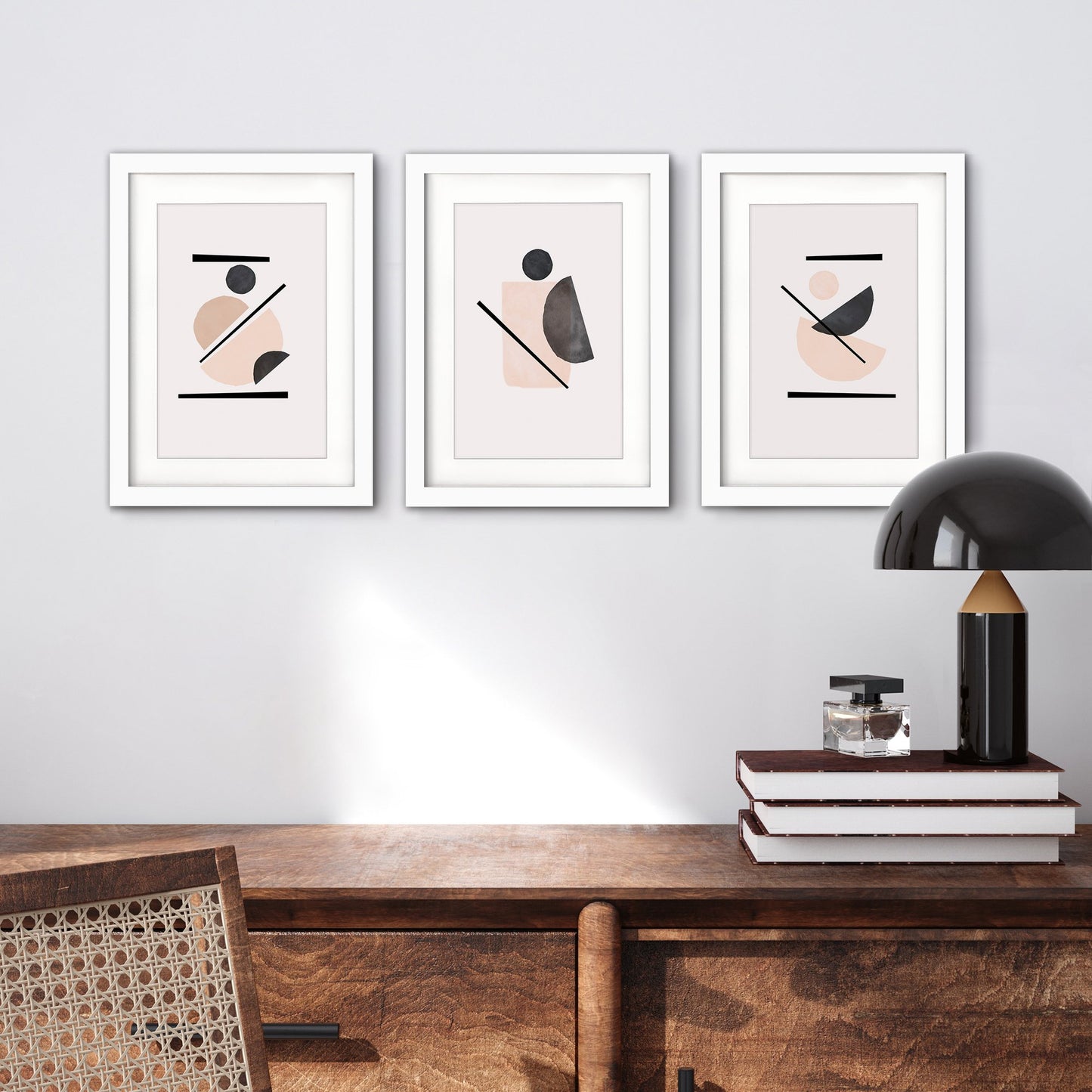 Blush and Black Shapes by tanya Shumkina - 3 Piece Gallery Framed Print Art Set - Americanflat