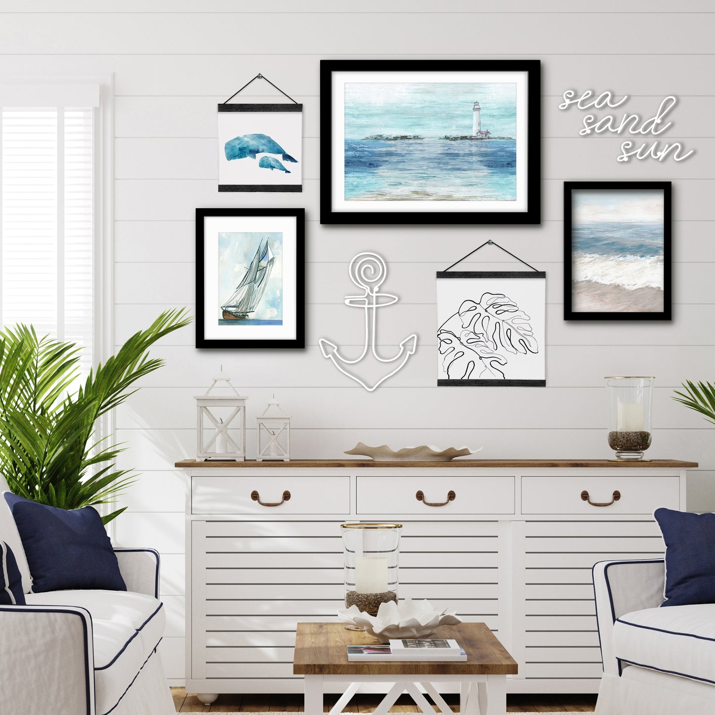 Ocean Sailing Lighthouse Framed Multimedia Gallery Art Set