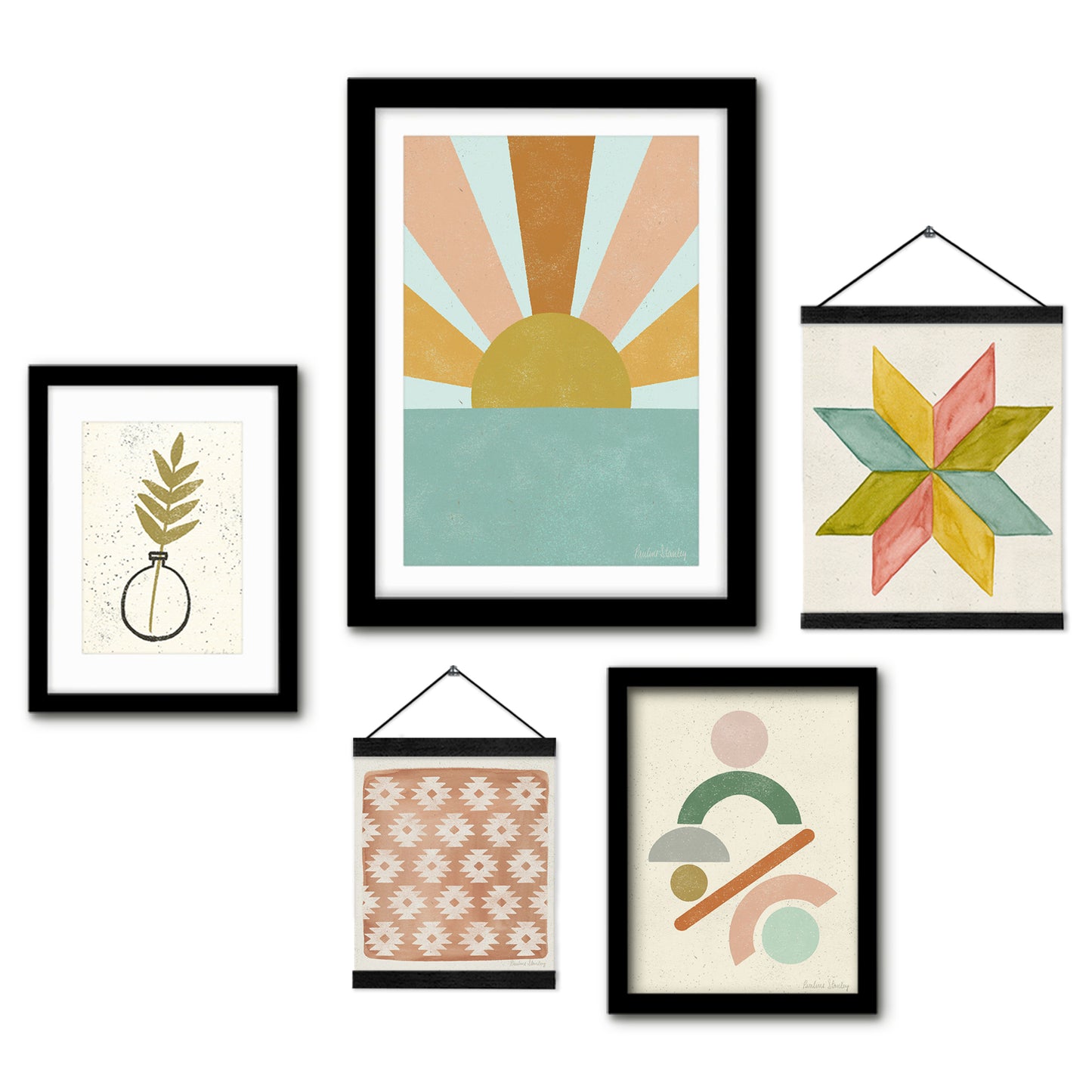 Pastel Colored Abstract Shapes - Framed Multimedia Gallery Art Set