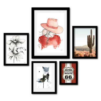 Americanflat 5 Piece Black Framed Gallery Wall Art Set - Watercolor Red Desert Woman Adventure