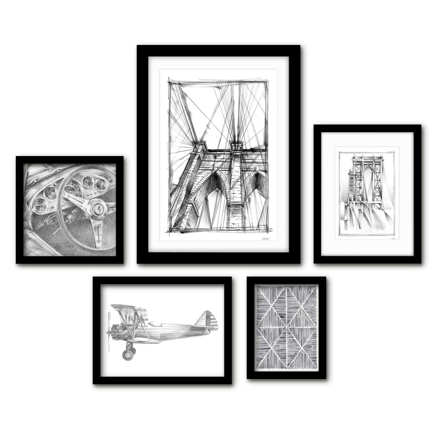 Americanflat 5 Piece Black Framed Gallery Wall Art Set - Black & White Drawn City & Transport