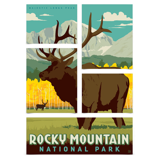 Rocky Mountain National Park Longs Peak 5 Piece Grid Wall Art Room Decor Set  - Print
