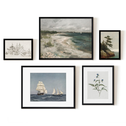 5 Piece Vintage Gallery Wall Art Set - Enigmatic Coastal Odyssey Art by Maple + Oak