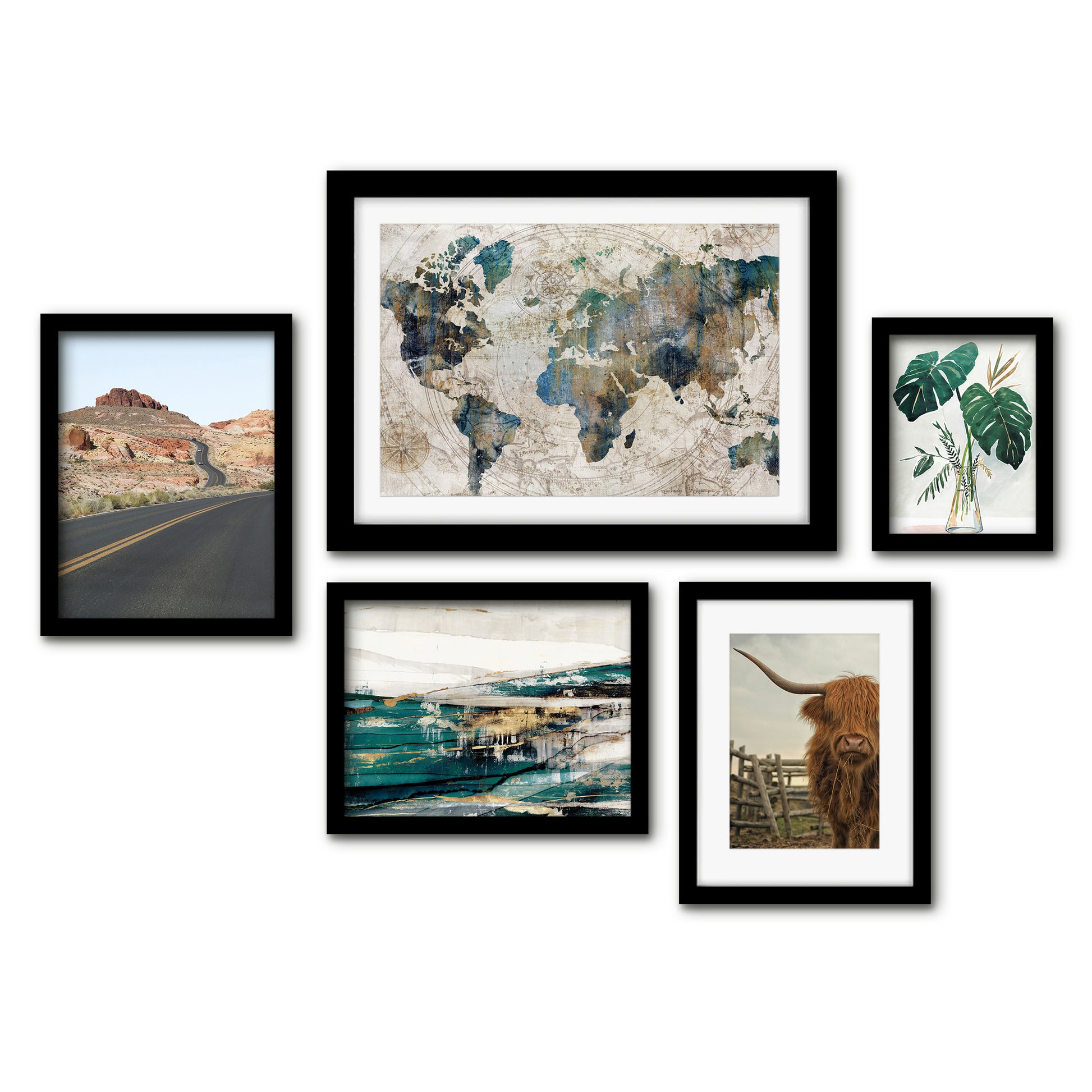 Americanflat 5 Piece Black Framed Gallery Wall Art Set - Earth Tones Travel W&erlust