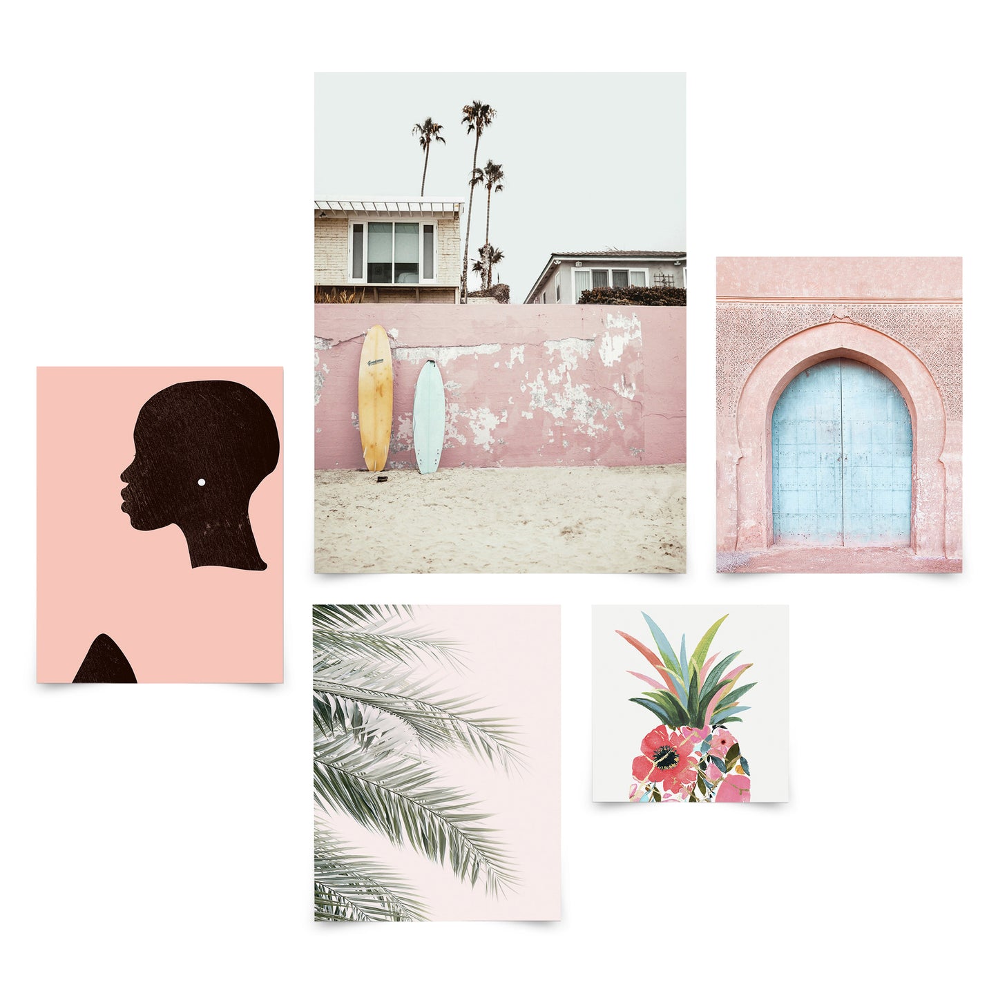 5 Piece Poster Gallery Wall Art Set - Pink Botanical Beach Woman - Print