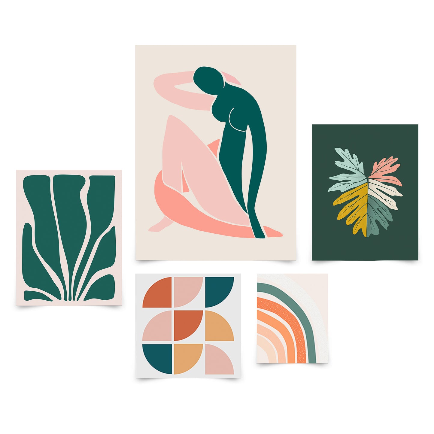 5 Piece Poster Gallery Wall Art Set - Pink & Green Abstract Woman Shapes - Print