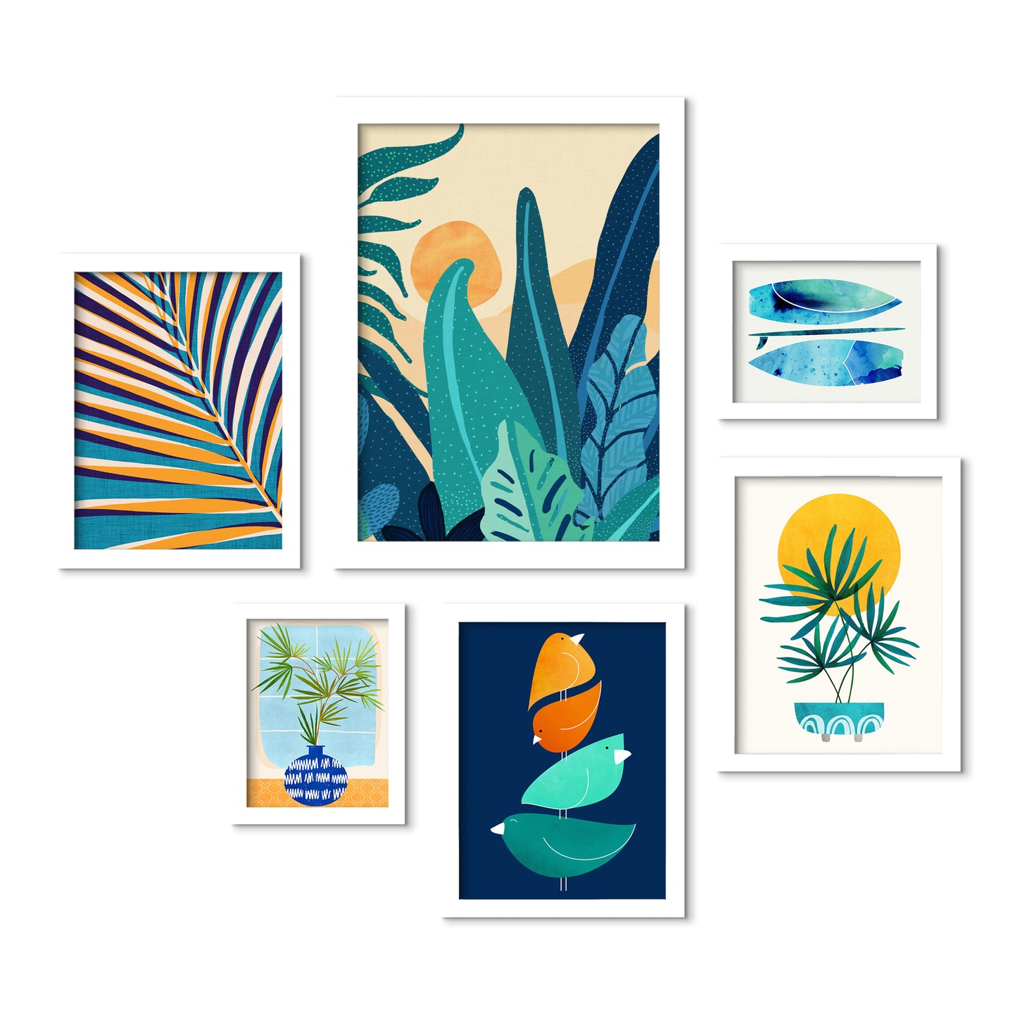 Contemporary Blue & Orange Botanicals - 6 Piece Framed Gallery Wall Set - Art Set - Americanflat