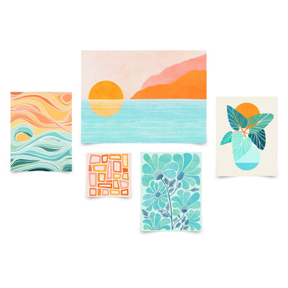 5 Piece Poster Gallery Wall Art Set - Pastel Color Abstract Botanical Sea - Print