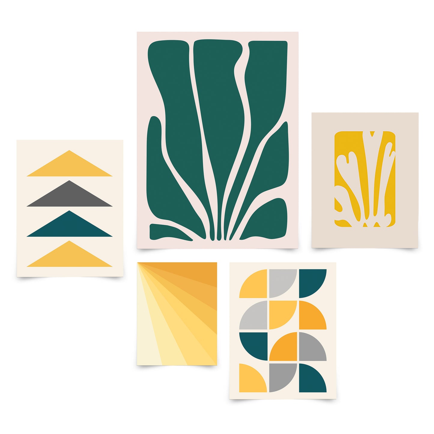 5 Piece Poster Gallery Wall Art Set - Yellow & Green Abstract Shapes Peace - Print