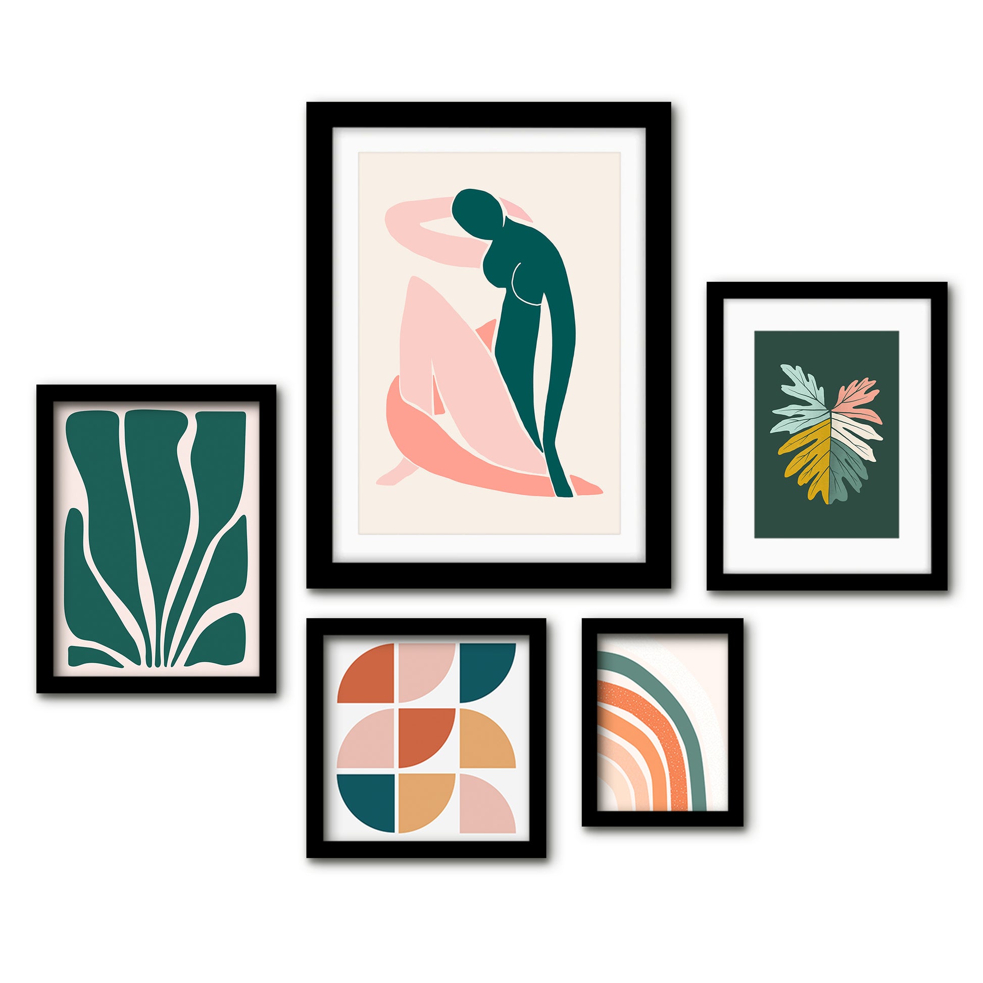 Americanflat 5 Piece Black Framed Gallery Wall Art Set - Pink & Green Abstract Woman Shapes
