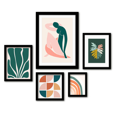 Americanflat 5 Piece Black Framed Gallery Wall Art Set - Pink & Green Abstract Woman Shapes