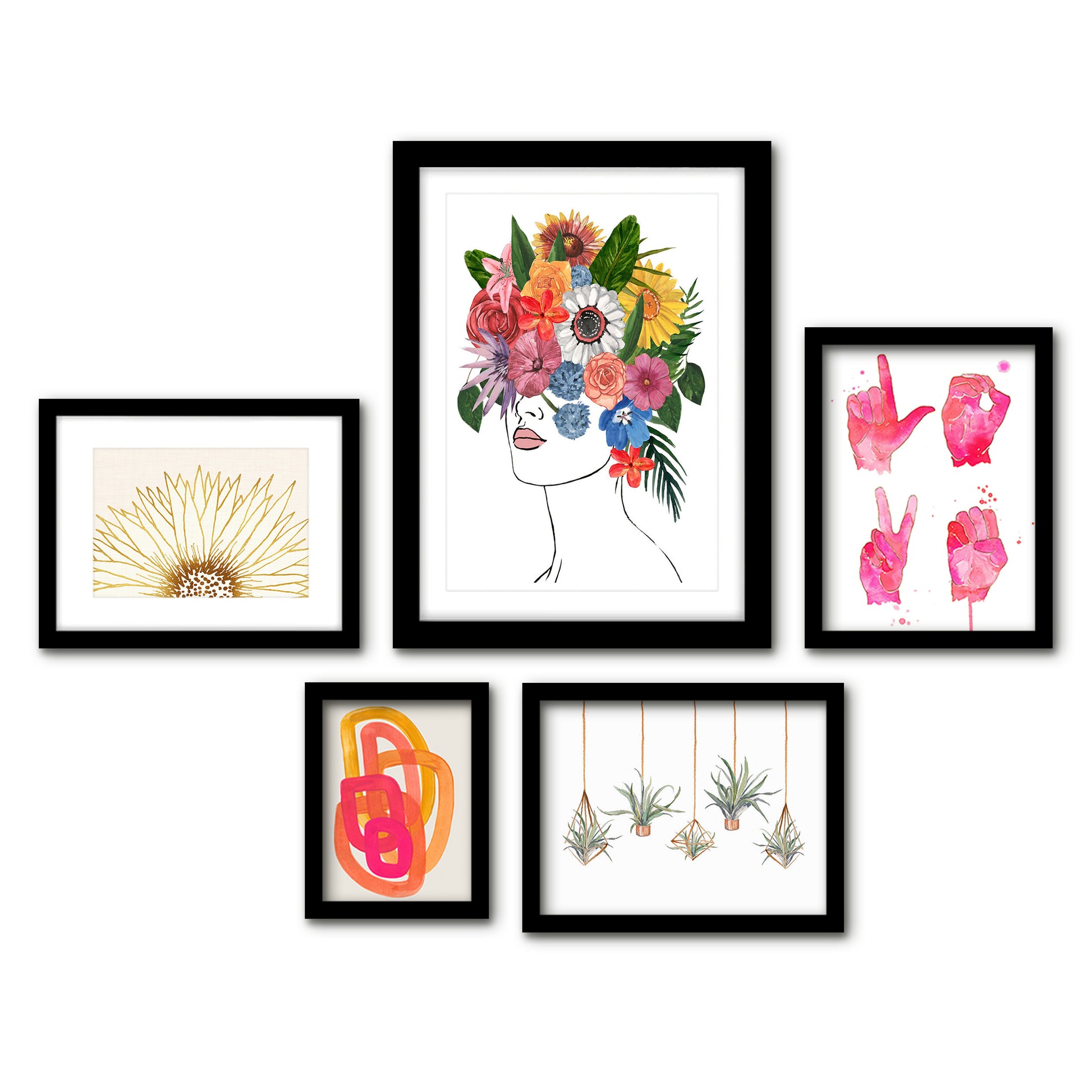 Americanflat 5 Piece Black Framed Gallery Wall Art Set - Colorful Floral Femme L-O-V-E