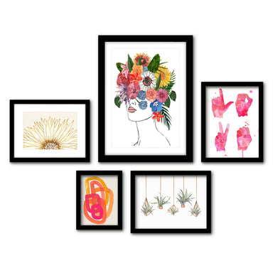 Americanflat 5 Piece Black Framed Gallery Wall Art Set - Colorful Floral Femme L-O-V-E