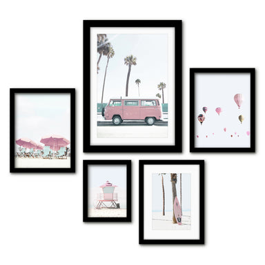 Americanflat 5 Piece Black Framed Gallery Wall Art Set - Pastel Pink Beach Surf