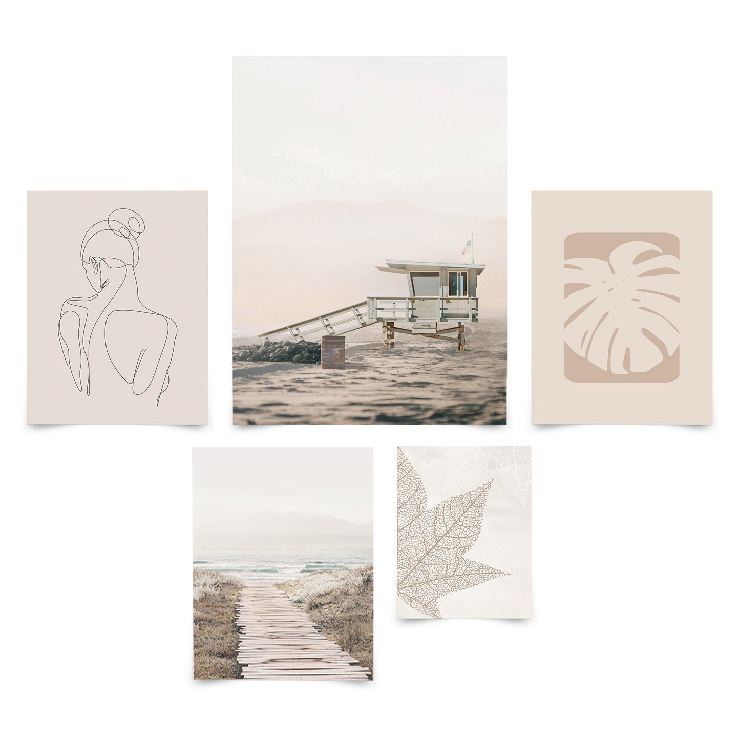 5 Piece Poster Gallery Wall Art Set - Beige Coastal Nature Line Art Woman - Print