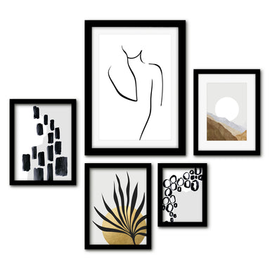 Americanflat 5 Piece Black Framed Gallery Wall Art Set - Black & Gold Abstract Woman Sun
