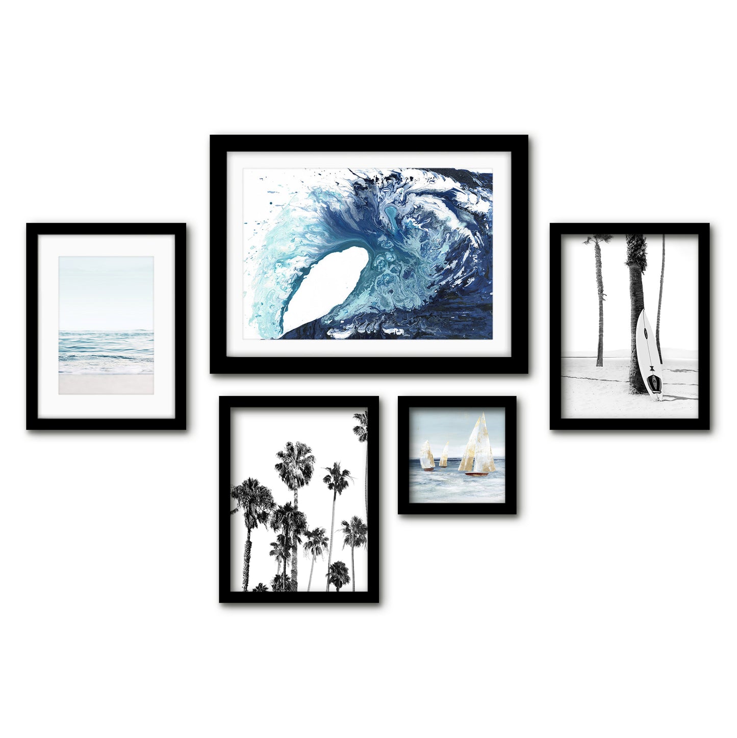 Americanflat 5 Piece Black Framed Gallery Wall Art Set - Blue Ocean Surf Boat