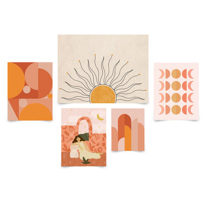 5 Piece Poster Gallery Wall Art Set - Pink & Orange Feminine Peace Sun - Print