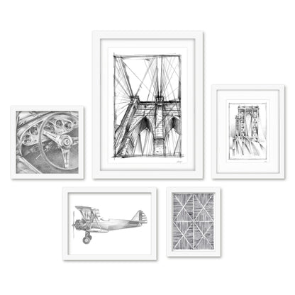 Americanflat 5 Piece Black Framed Gallery Wall Art Set - Black & White Drawn City & Transport